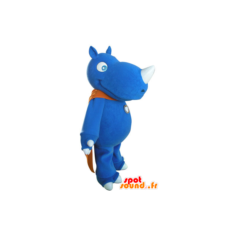 Blå noshörningsmaskot med en orange cape - Spotsound maskot