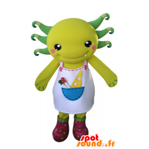Yellow and green creature mascot with an apron
