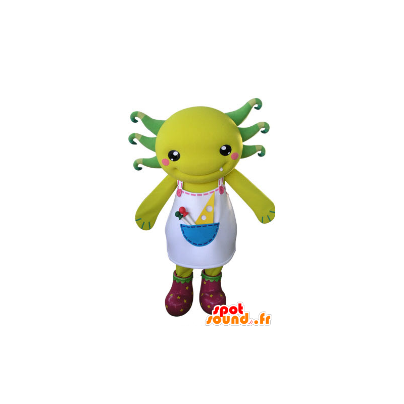 Giallo e verde mascotte creatura con un grembiule - MASFR031271 - Mascotte di mostri