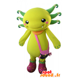 Yellow and green creature mascot with a shoulder bag - MASFR031272 - Mascots of objects