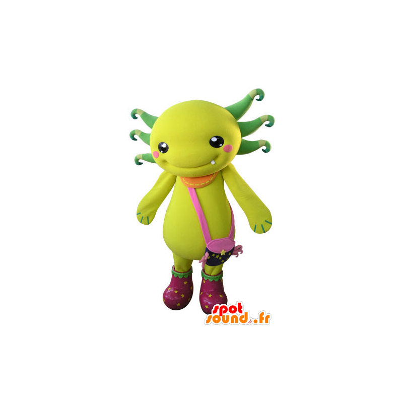 Yellow and green creature mascot with a shoulder bag - MASFR031272 - Mascots of objects