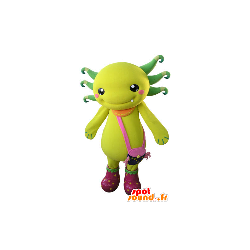 Mascote criatura amarela e verde com um saco de ombro - MASFR031272 - objetos mascotes