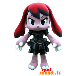 La mascota de color rosa y rojo conejo con un vestido negro - MASFR031283 - Mascota de conejo