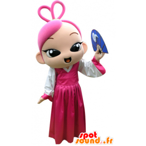 Mascotte de fille aux cheveux roses avec une robe rose - MASFR031293 - Mascottes Garçons et Filles