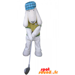 White dog mascot dressed golfer held