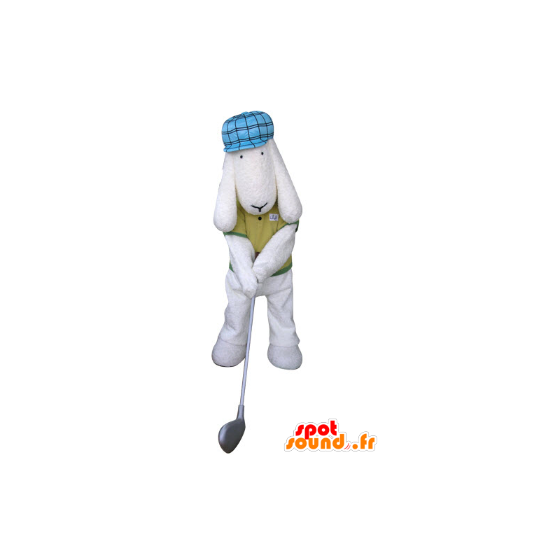 Witte hond mascotte geklede golfer gehouden - MASFR031296 - Dog Mascottes