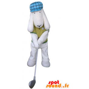 Vit hundmaskot klädd i golferdräkt - Spotsound maskot