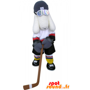Witte hond mascotte, hockey outfit - MASFR031299 - Dog Mascottes