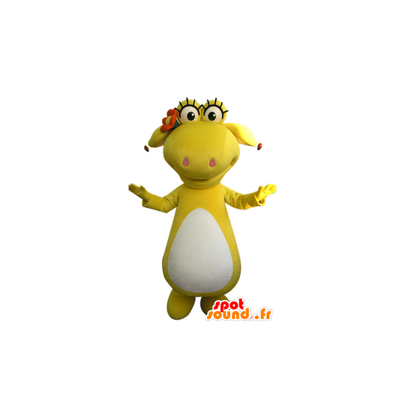 Mascotte de dinosaure jaune et blanc. Animal jaune - MASFR031301 - Mascottes Dinosaure