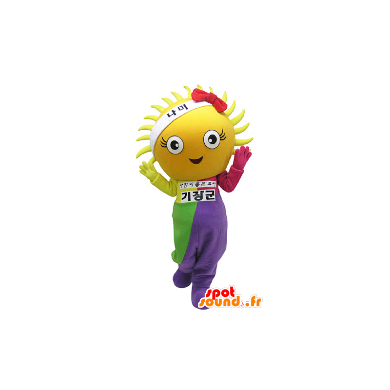 Žluté slunce maskot, obr, oblečený v barevném oblečení - MASFR031319 - Neutajované Maskoti