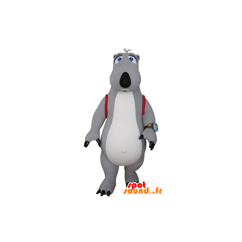 Mascote urso cinza e branco com uma mochila - MASFR031323 - mascote do urso