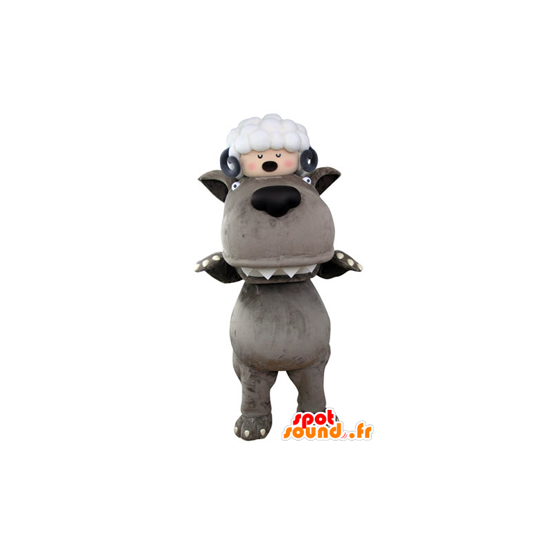 Grauer Wolf-Maskottchen mit einem Schaf auf dem Kopf - MASFR031324 - Maskottchen Schafe