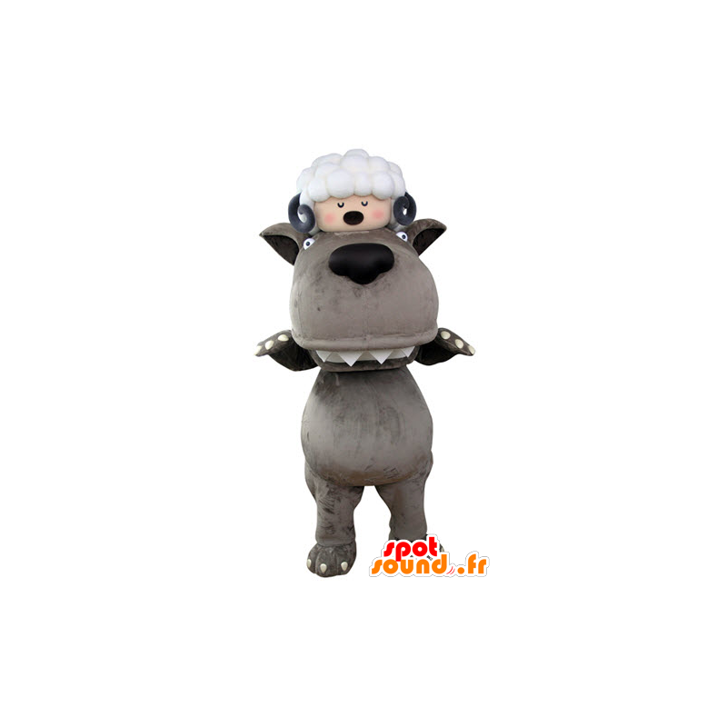 Grey Wolf mascot with a sheep on the head - MASFR031324 - Mascots sheep