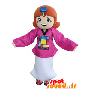 Roodharige mascotte, gekleed in een roze outfit en wit - MASFR031346 - Mascottes Boys and Girls