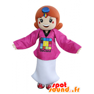 Mascotte de fille rousse, habillée d'une tenue rose et blanche - MASFR031346 - Mascottes Garçons et Filles