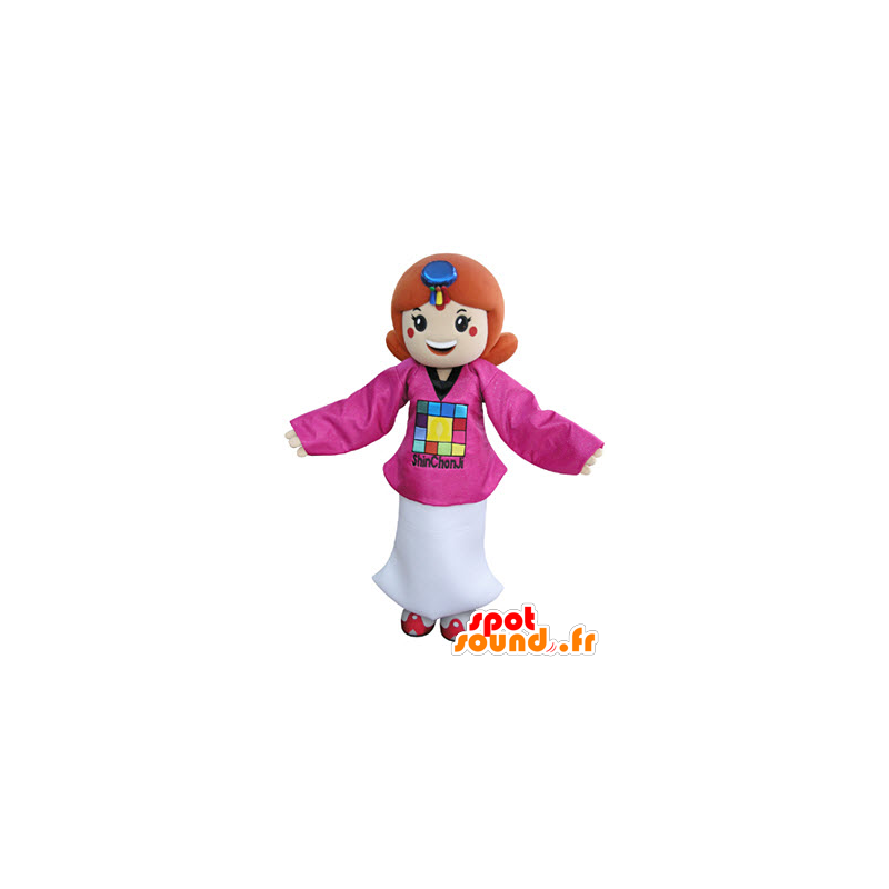 Mascotte de fille rousse, habillée d'une tenue rose et blanche - MASFR031346 - Mascottes Garçons et Filles