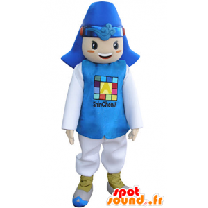 Mascota de niño vestido con traje azul y blanco. - MASFR031347 - Chicas y chicos de mascotas