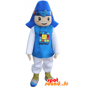 Mascote rapaz vestido de terno azul e branco. - MASFR031347 - Mascotes Boys and Girls