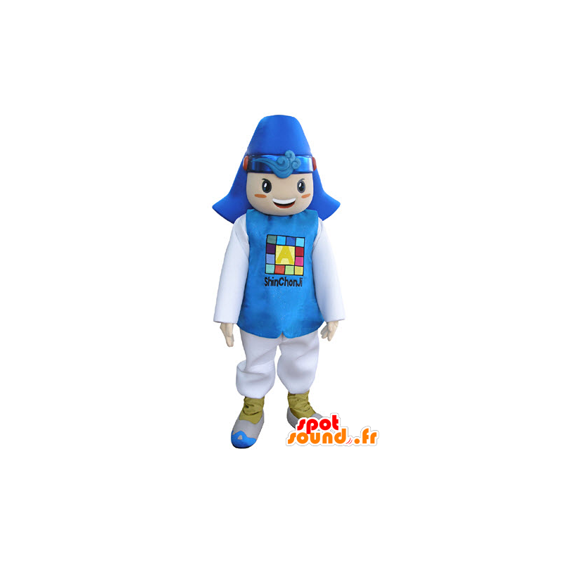 Mascote rapaz vestido de terno azul e branco. - MASFR031347 - Mascotes Boys and Girls