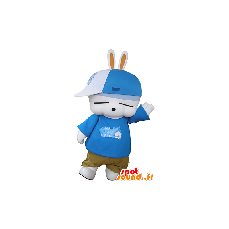 Mascotte de lapin blanc, très amusant, en tenue de hip-hop - MASFR031351 - Mascotte de lapins