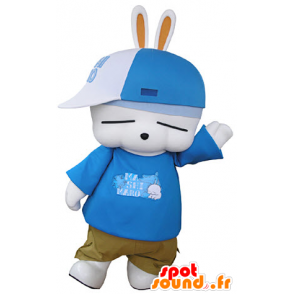 Mascotte de lapin blanc, très amusant, en tenue de hip-hop - MASFR031351 - Mascotte de lapins