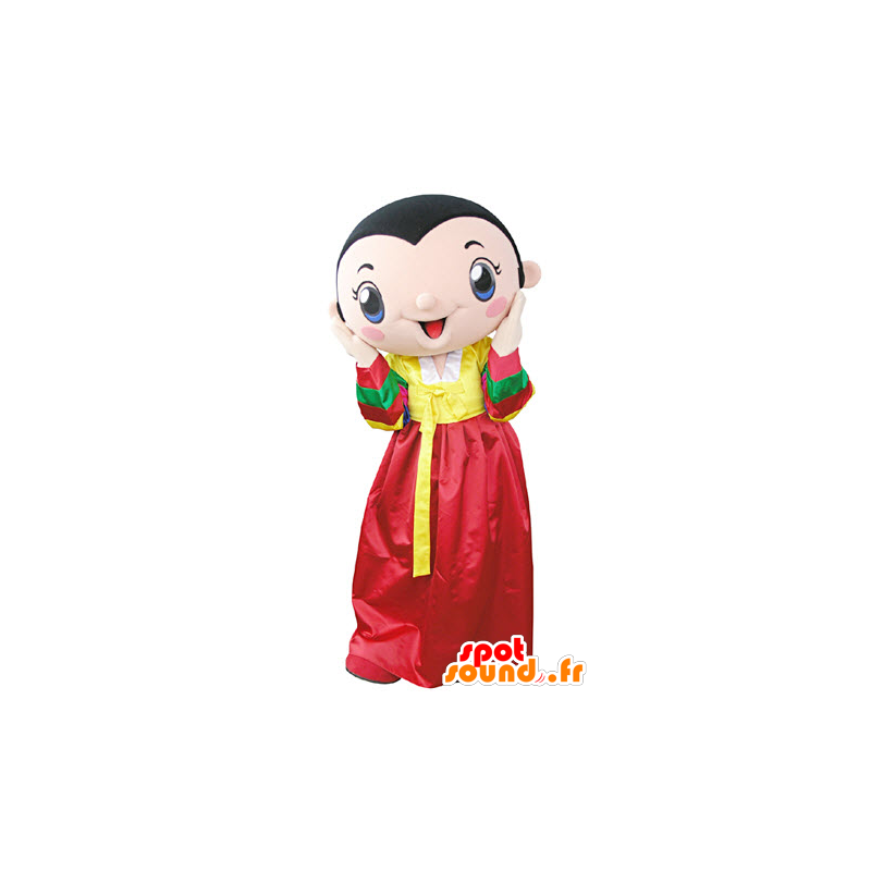 Brünette Maskottchen ein gelbes und rotes Kleid trägt - MASFR031357 - Maskottchen-Frau