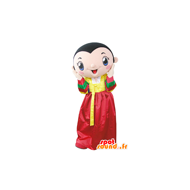 Mascotte de femme brune portant une robe jaune et rouge - MASFR031357 - Mascottes Femme