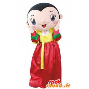 Brunette mascot wearing a yellow and red dress - MASFR031357 - Mascots woman