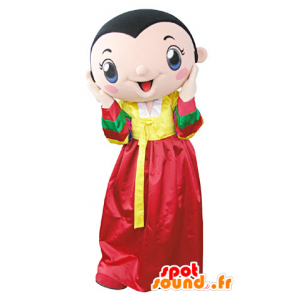 Mascotte de femme brune portant une robe jaune et rouge - MASFR031357 - Mascottes Femme