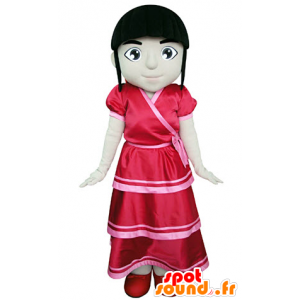 Mascotte de fille brune habillée d'une robe rouge - MASFR031376 - Mascottes Garçons et Filles