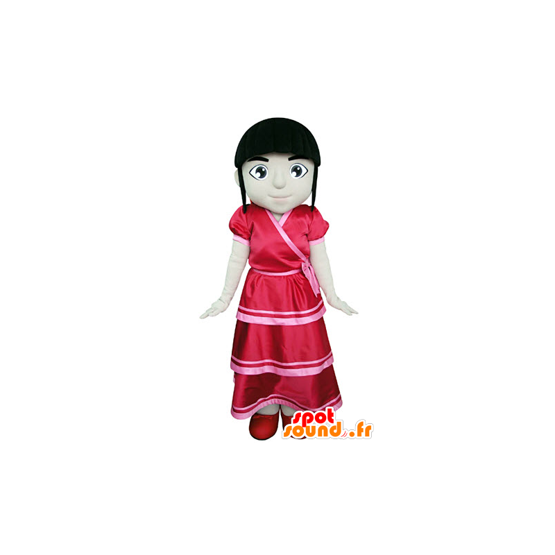 Brunette girl mascot dressed in a red dress - MASFR031376 - Mascots boys and girls