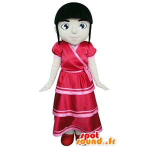 Brunette girl mascot dressed in a red dress - MASFR031376 - Mascots boys and girls