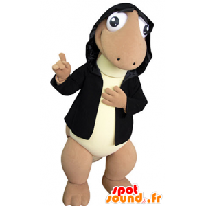 Bruin en geel dinosaurus mascotte met een kap - MASFR031377 - Dinosaur Mascot