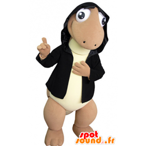 Bruin en geel dinosaurus mascotte met een kap - MASFR031377 - Dinosaur Mascot