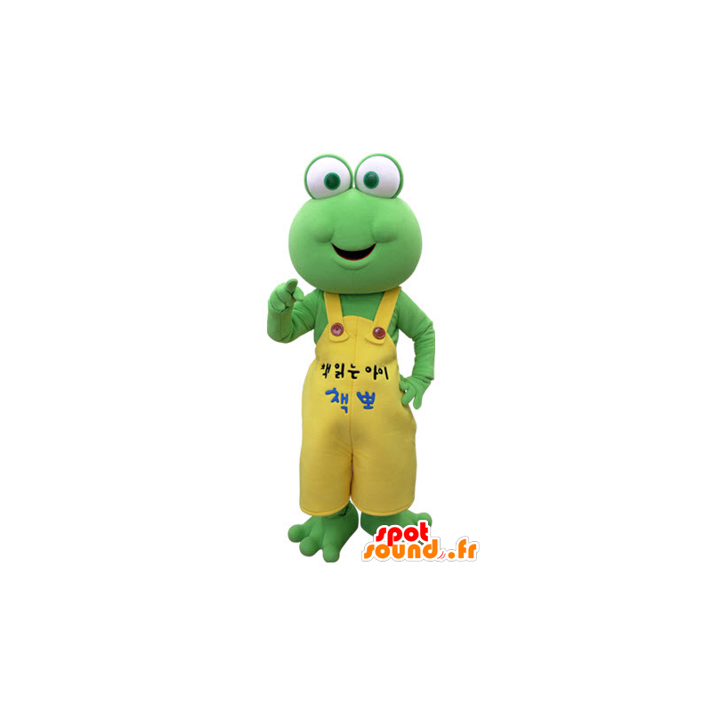 Grön grodamaskot med gula overaller - Spotsound maskot