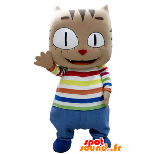 Brown cat mascot with a big head, in colorful outfit - MASFR031383 - Cat mascots