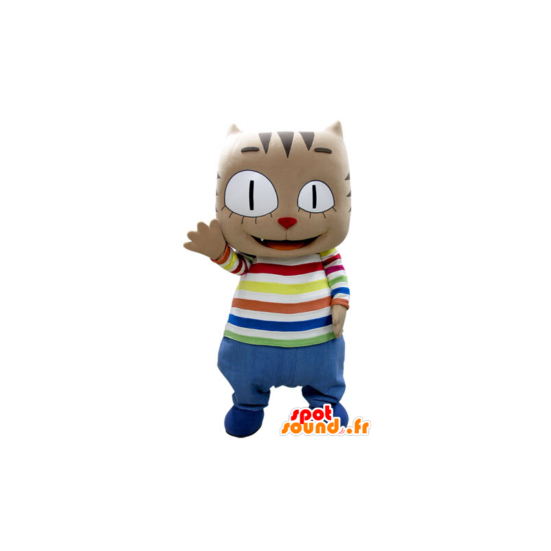 Brown cat mascot with a big head, in colorful outfit - MASFR031383 - Cat mascots