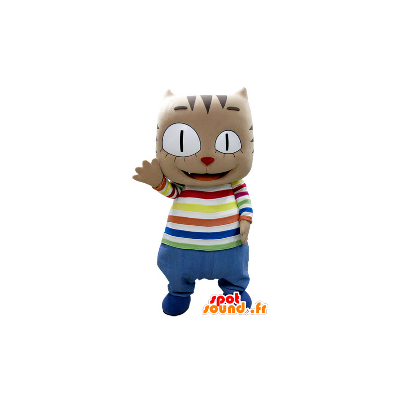 Mascotte de chat marron, avec une grosse tête, en tenue colorée - MASFR031383 - Mascottes de chat