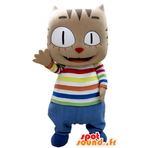 Bruine kat mascotte met een groot hoofd, in kleurrijke outfit - MASFR031383 - Cat Mascottes