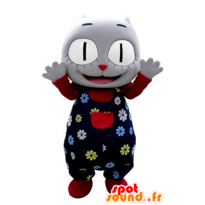 Cinza mascote gato com flor segurando - MASFR031384 - Mascotes gato