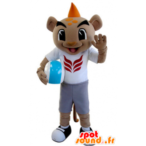 Tiger mascot in sportswear with an orange crest - MASFR031386 - Tiger mascots