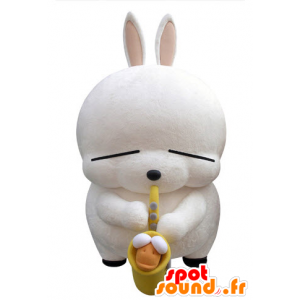 Big white rabbit mascot with a saxophone - MASFR031421 - Rabbit mascot