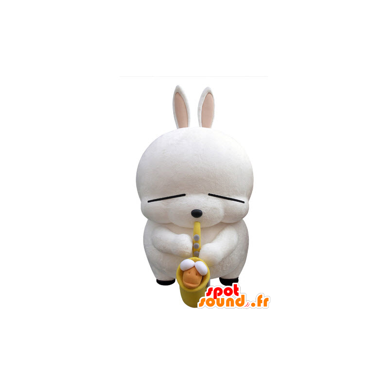 Big white rabbit mascot with a saxophone - MASFR031421 - Rabbit mascot