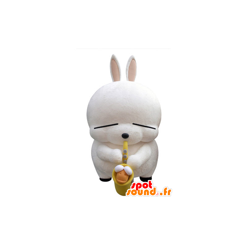 Große weiße Kaninchen Maskottchen mit einem Saxophon - MASFR031421 - Hase Maskottchen