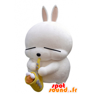 Mascote grande coelho branco com um saxofone - MASFR031421 - coelhos mascote