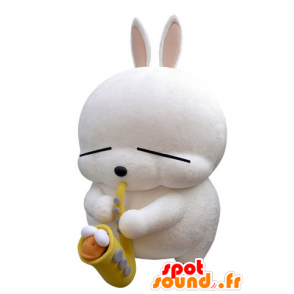 Mascotte de gros lapin blanc avec un saxophone - MASFR031421 - Mascotte de lapins