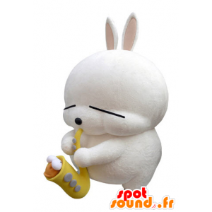 Große weiße Kaninchen Maskottchen mit einem Saxophon - MASFR031421 - Hase Maskottchen