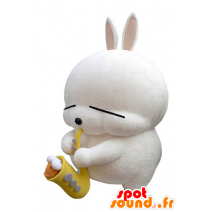 Mascote grande coelho branco com um saxofone - MASFR031421 - coelhos mascote