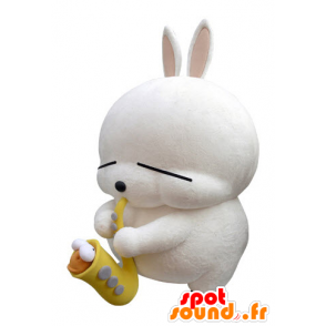 Gran mascota conejo blanco con un saxofón - MASFR031421 - Mascota de conejo