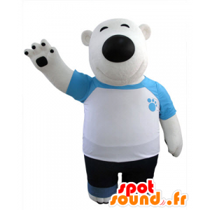 Isbjørnen maskot og svart, kledd i blått og hvitt - MASFR031427 - bjørn Mascot